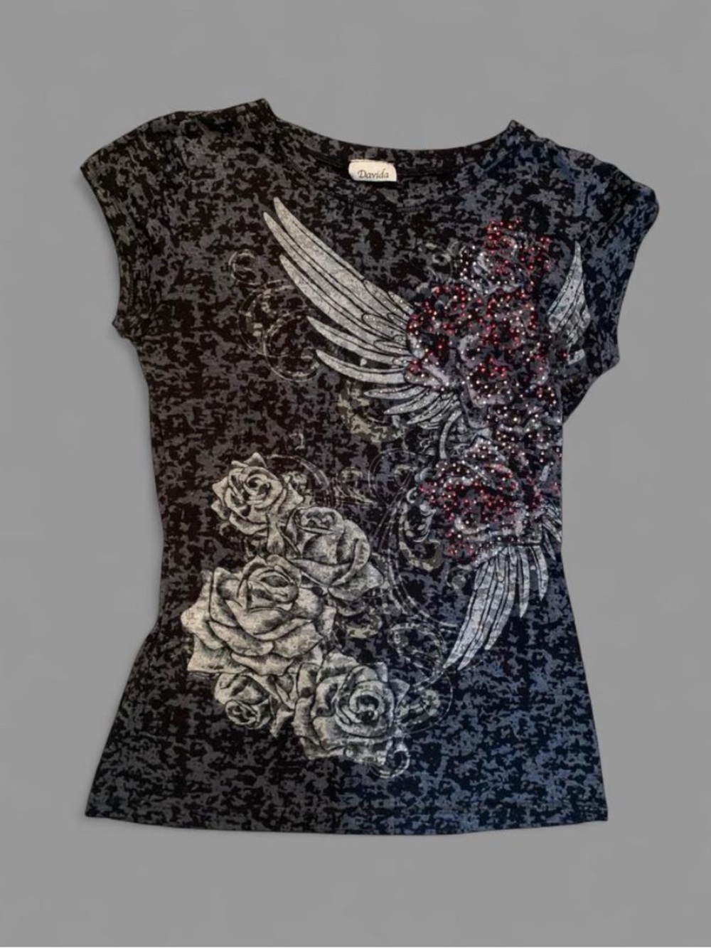 Davida Black Graphic Floral Wing Tee with Embellishments
